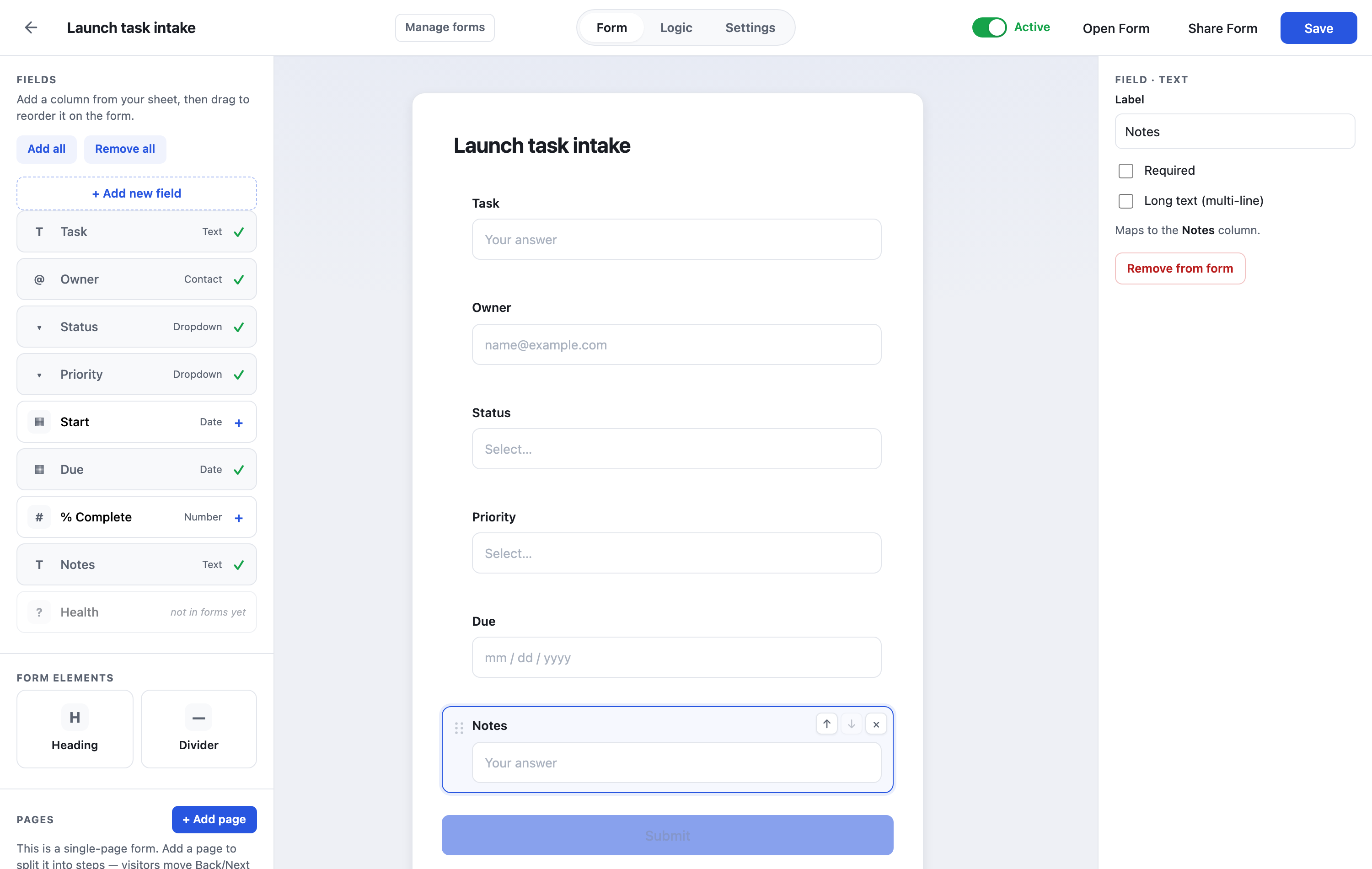 Wisegrid Forms builder with a multi-field form on the left and a live preview of the published form on the right