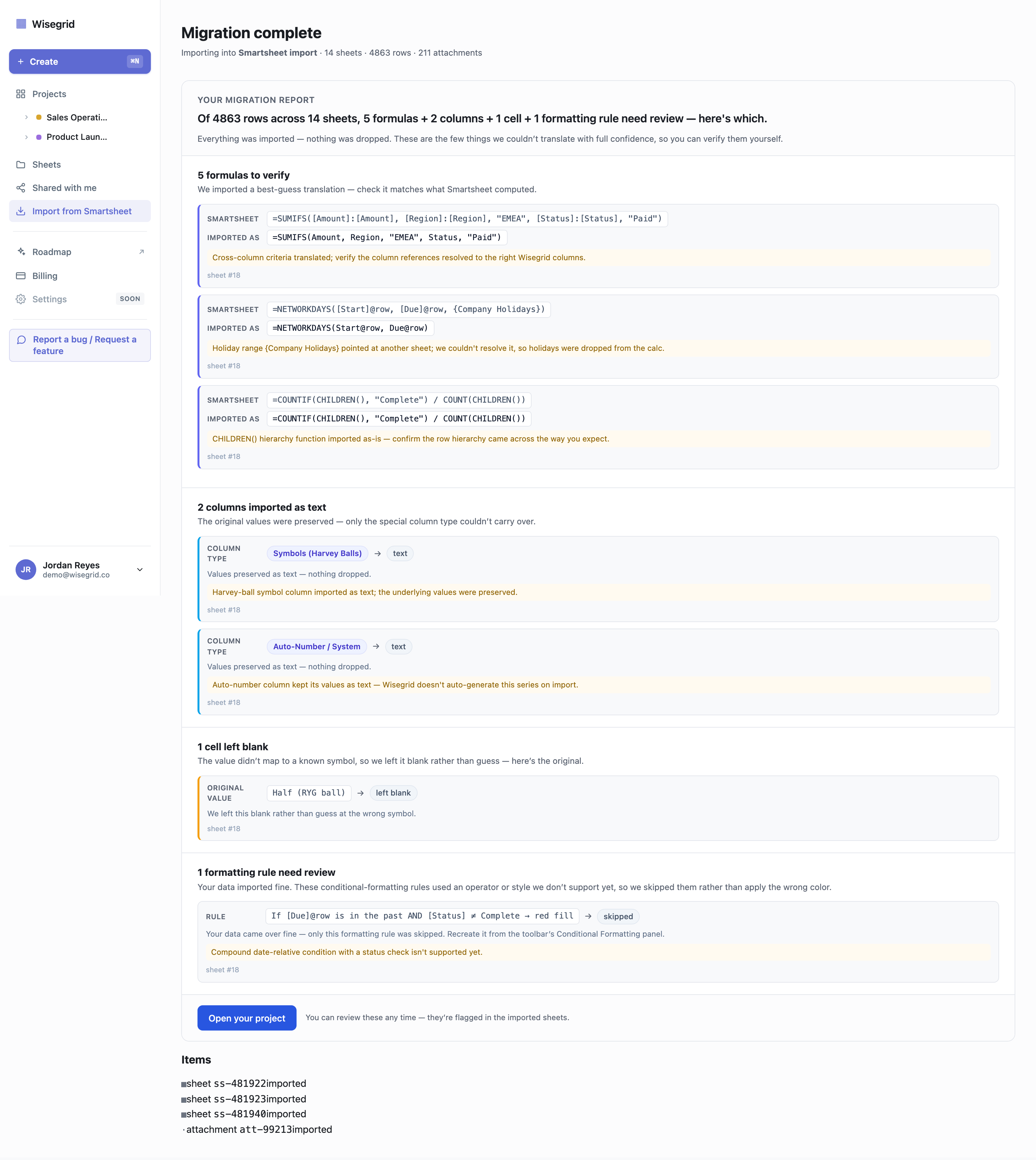 The Wisegrid migration report's formula review queue, listing the small number of formulas the importer flagged for a human to check, each shown with its original Smartsheet syntax and a suggested translation