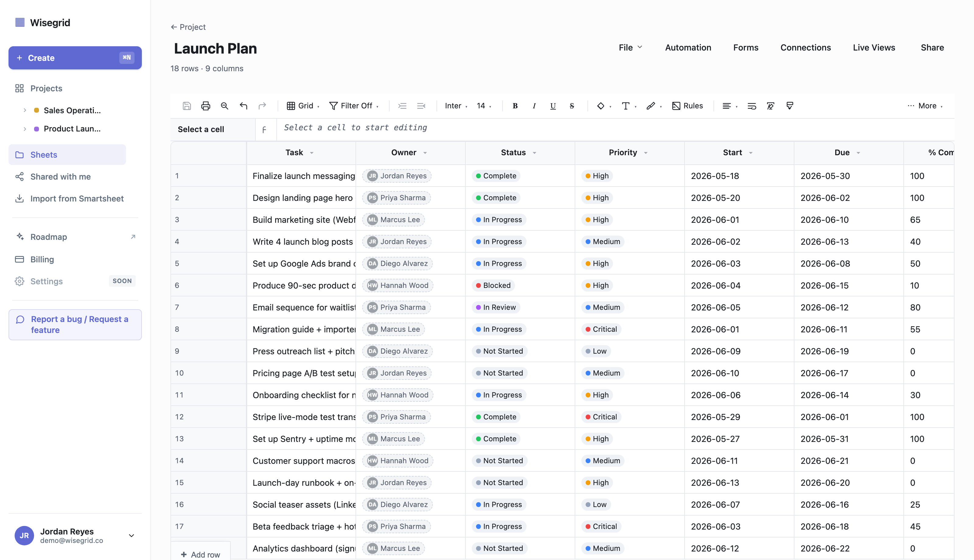 Wisegrid grid showing a clean "Launch Plan" project-tracker sheet with familiar Smartsheet-style columns, hierarchy, and formula-driven cells