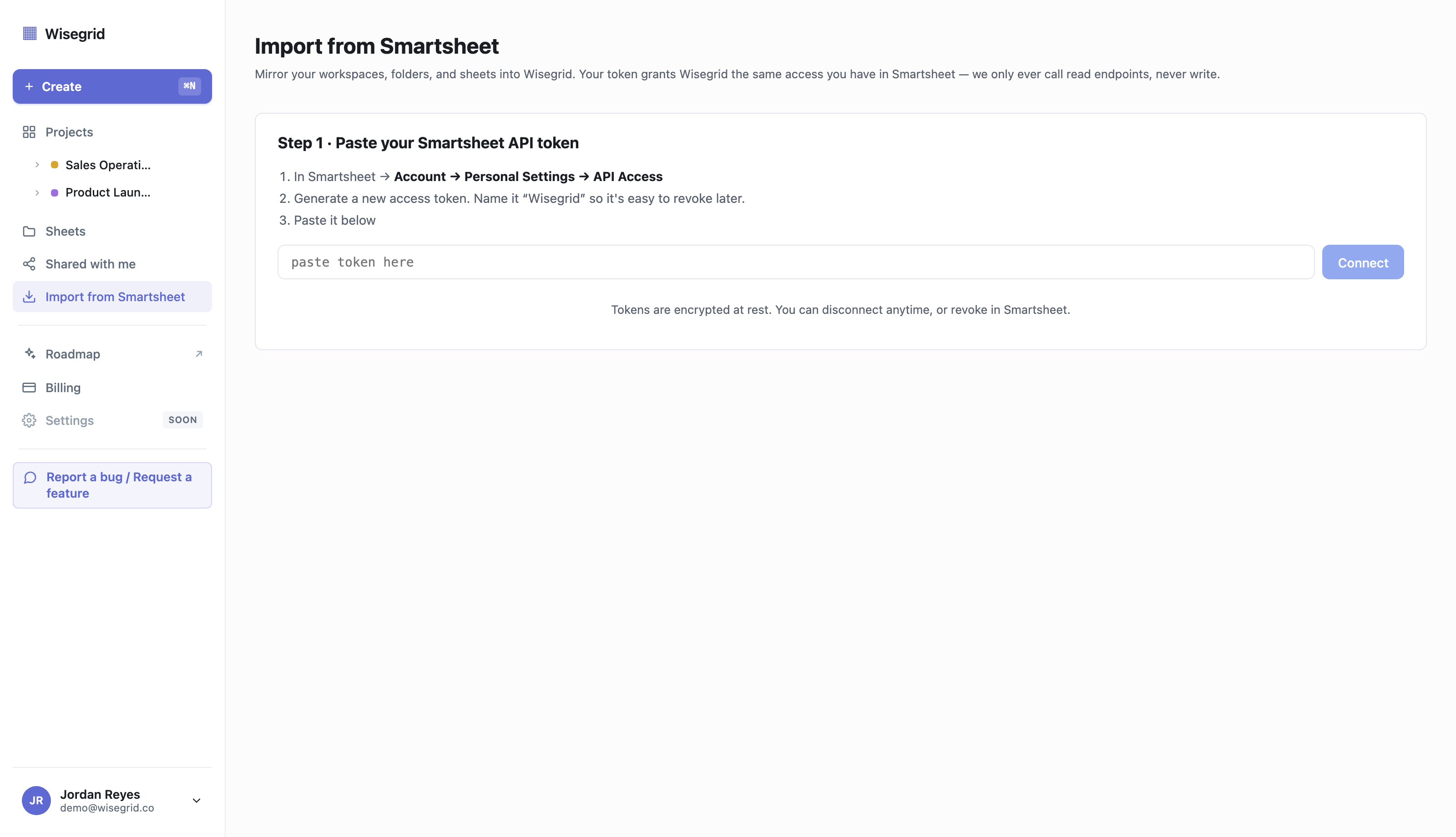 Wisegrid "Import from Smartsheet" connect screen, where you paste a read-only Smartsheet API token to start discovering your workspaces, folders, and sheets