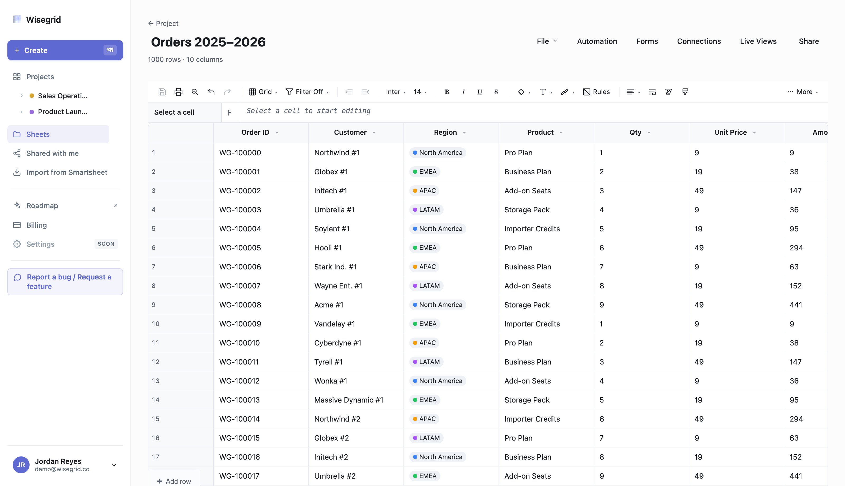 Wisegrid sheet Orders 2025-2026 staying responsive at scale with Forms, Automation, and Live Views available and no features disabled
