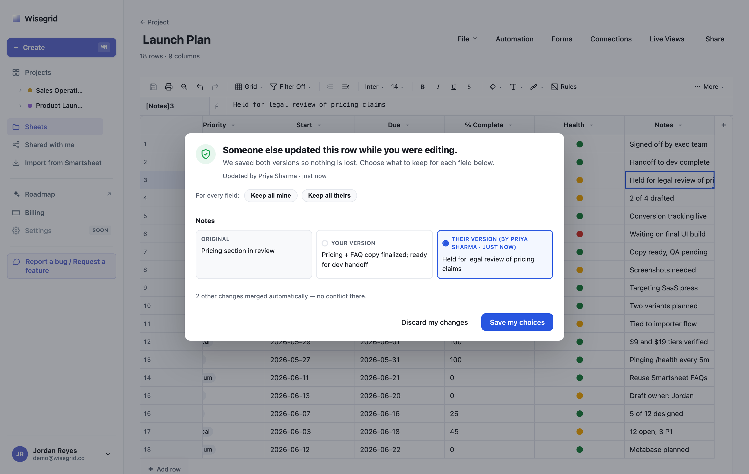 Wisegrid row-version conflict modal showing a side-by-side diff of your edit versus a teammate's saved change, with both versions preserved