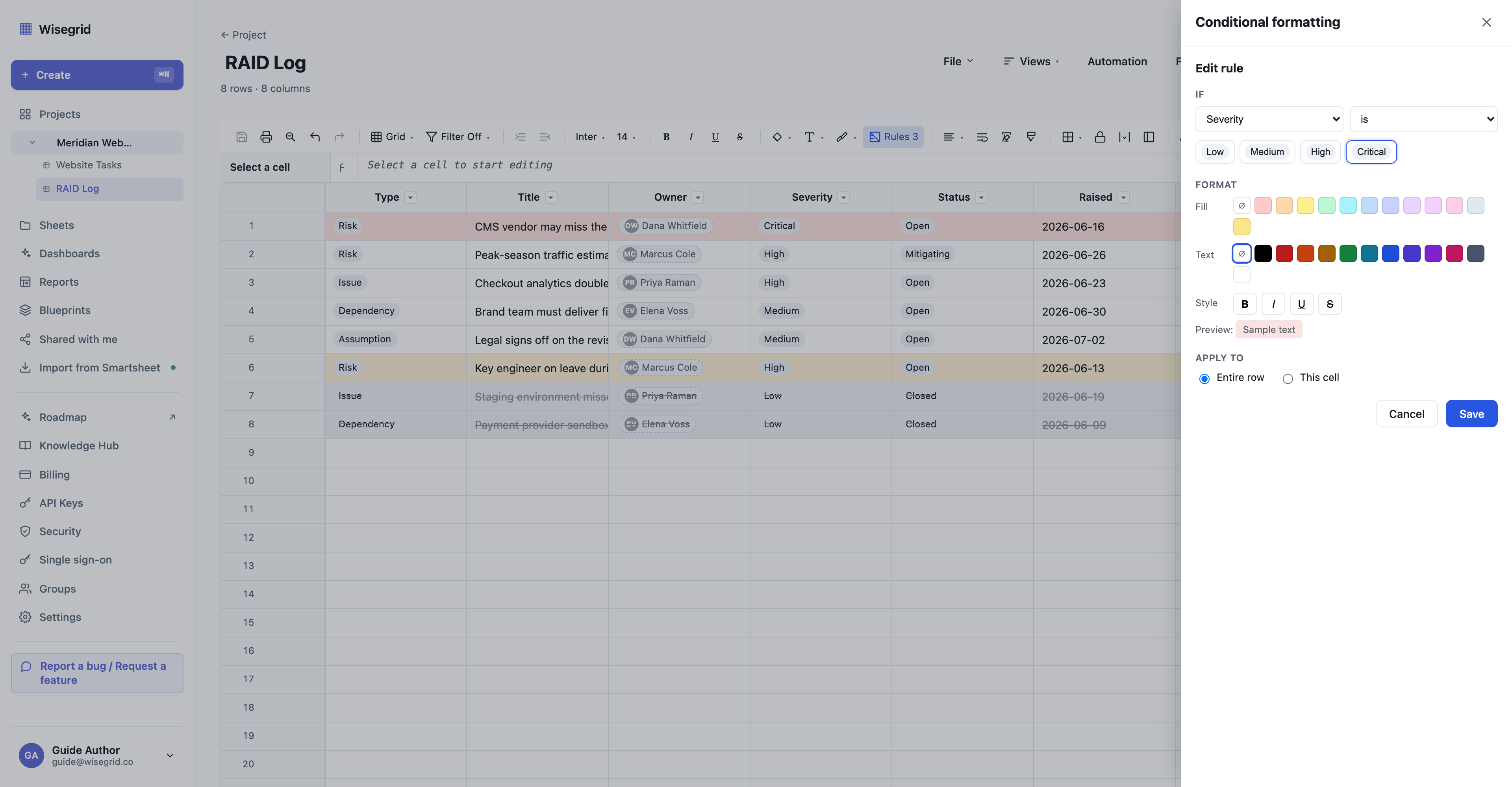 The conditional formatting rule editor with the Severity column selected, the condition set to is Critical, a red background chosen from the swatch palette, and the whole-row scope selected.