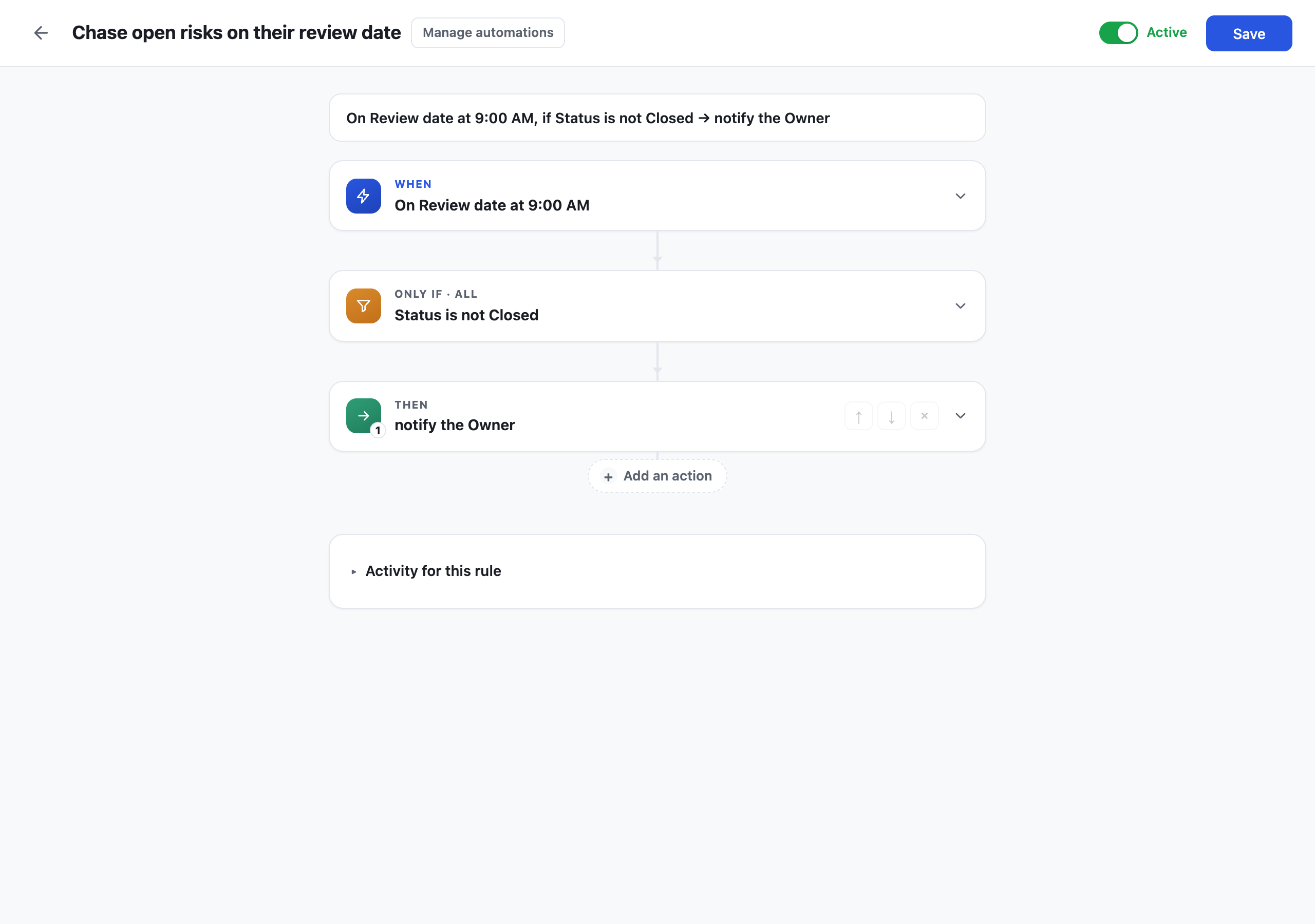 The automation builder for a rule titled Chase open risks on their review date: a WHEN trigger reading On Review date at 9:00 AM, an ONLY IF condition Status is not Closed, and a THEN action to notify the Owner, with the rule toggled Active.