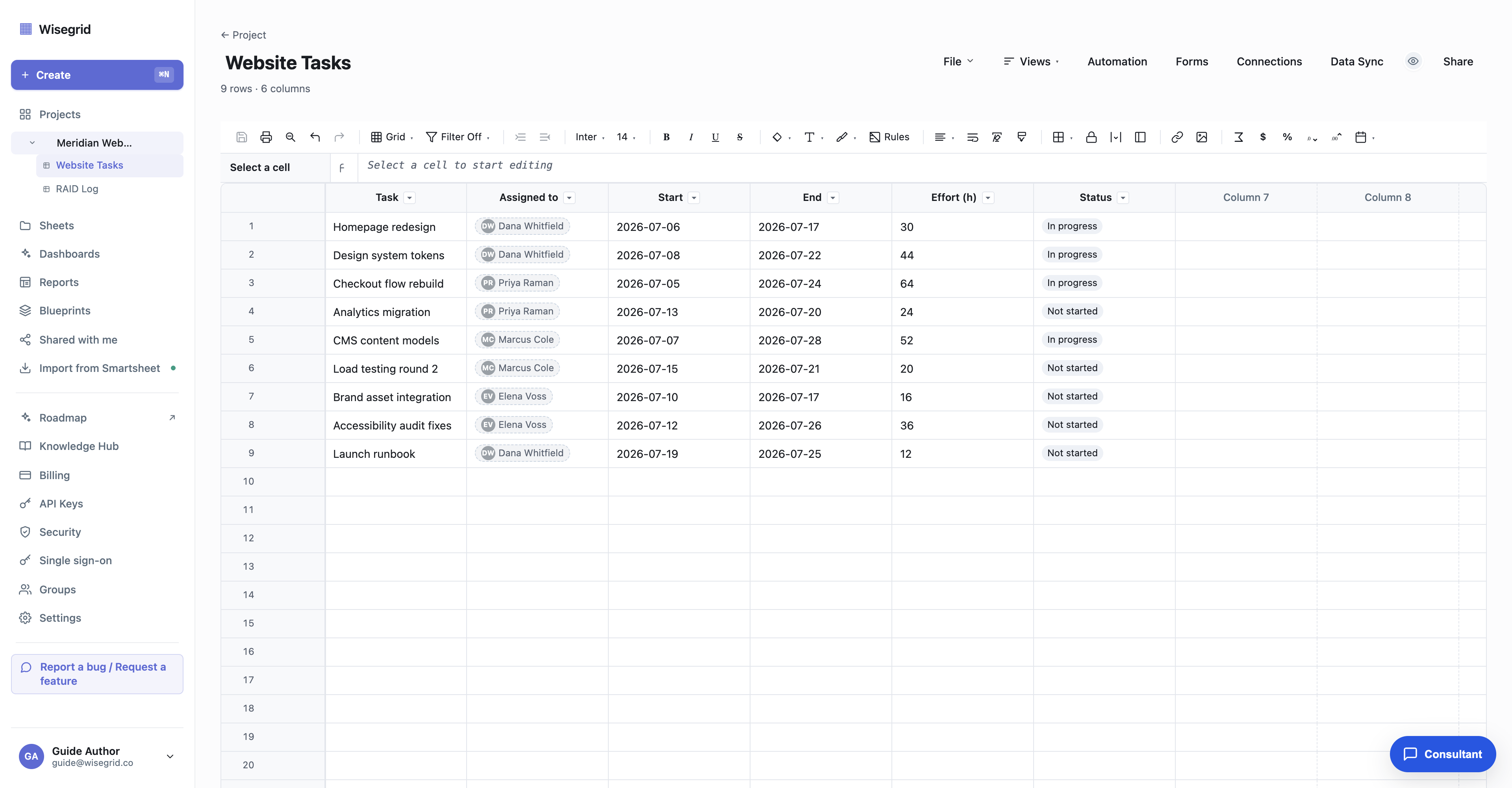 A Wisegrid sheet of project tasks with an Assigned to contact column, Start and End date columns, and an Effort hours number column.