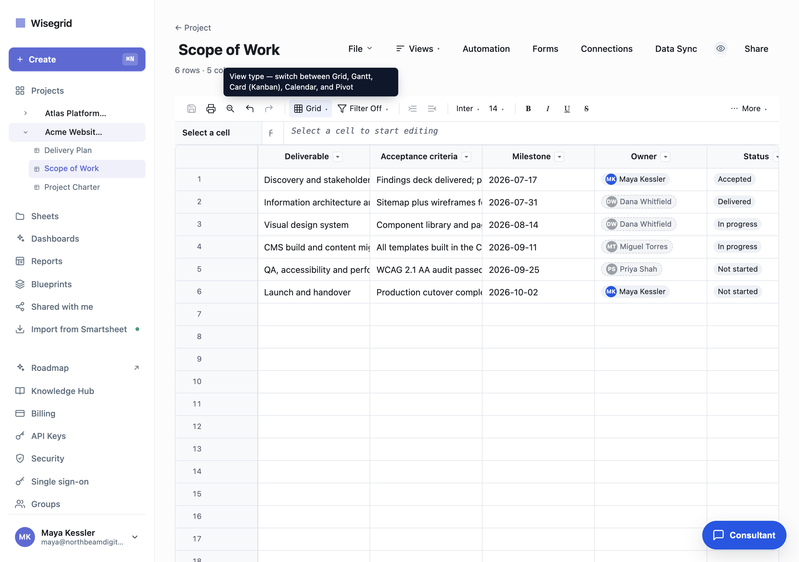 A Wisegrid sheet named Scope of Work with six deliverable rows and columns for Deliverable, Acceptance criteria, a Milestone date, an Owner contact, and a Status dropdown showing Accepted, Delivered, In progress, and Not started. A tooltip on the view switcher lists Grid, Gantt, Card, Calendar, and Pivot.