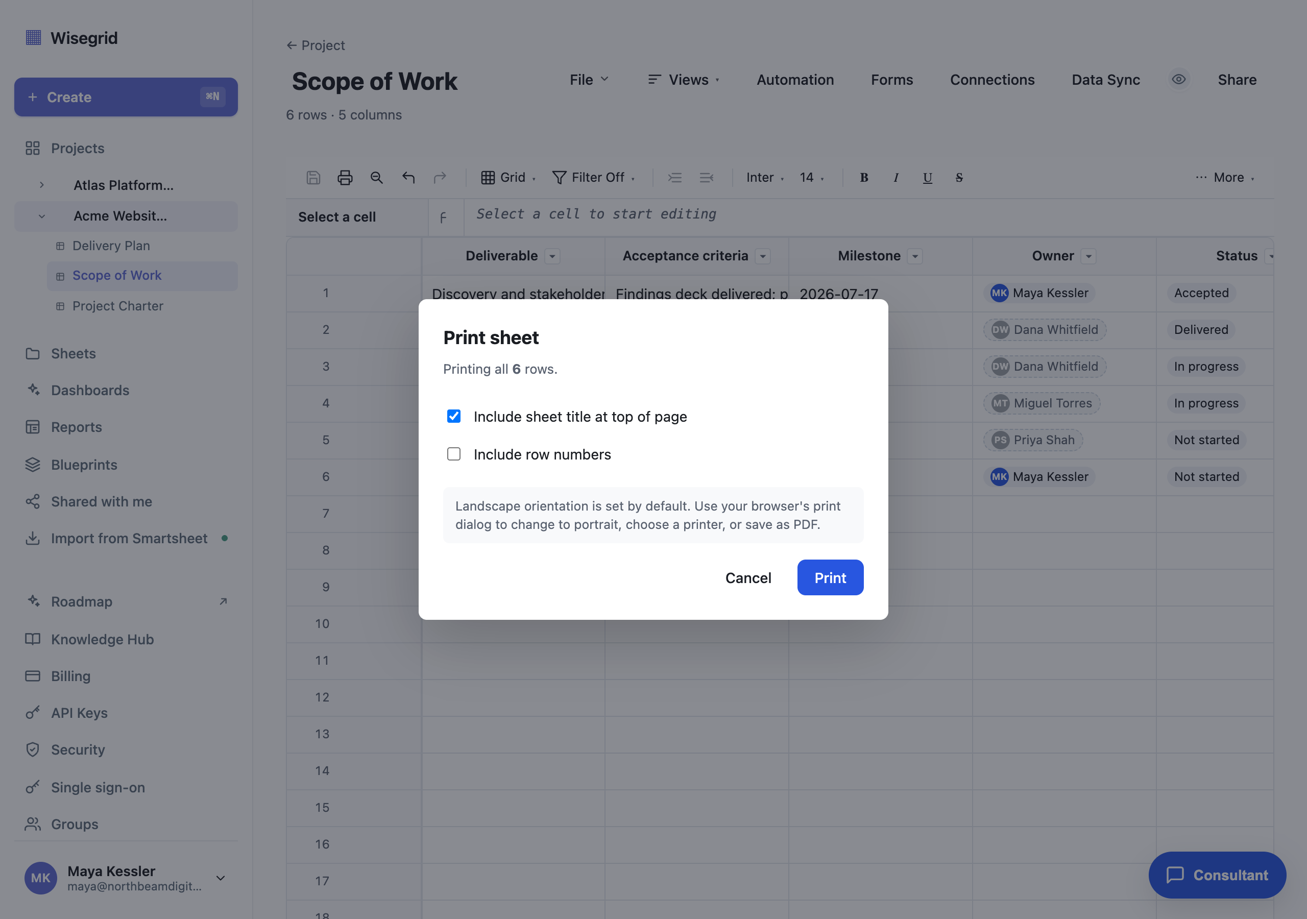 The Print sheet dialog over the Scope of Work sheet, reading Printing all 6 rows, with Include sheet title at top of page checked and Include row numbers unchecked, a note that landscape orientation is set by default and the browser print dialog can switch to portrait or save as PDF, and Cancel and Print buttons.