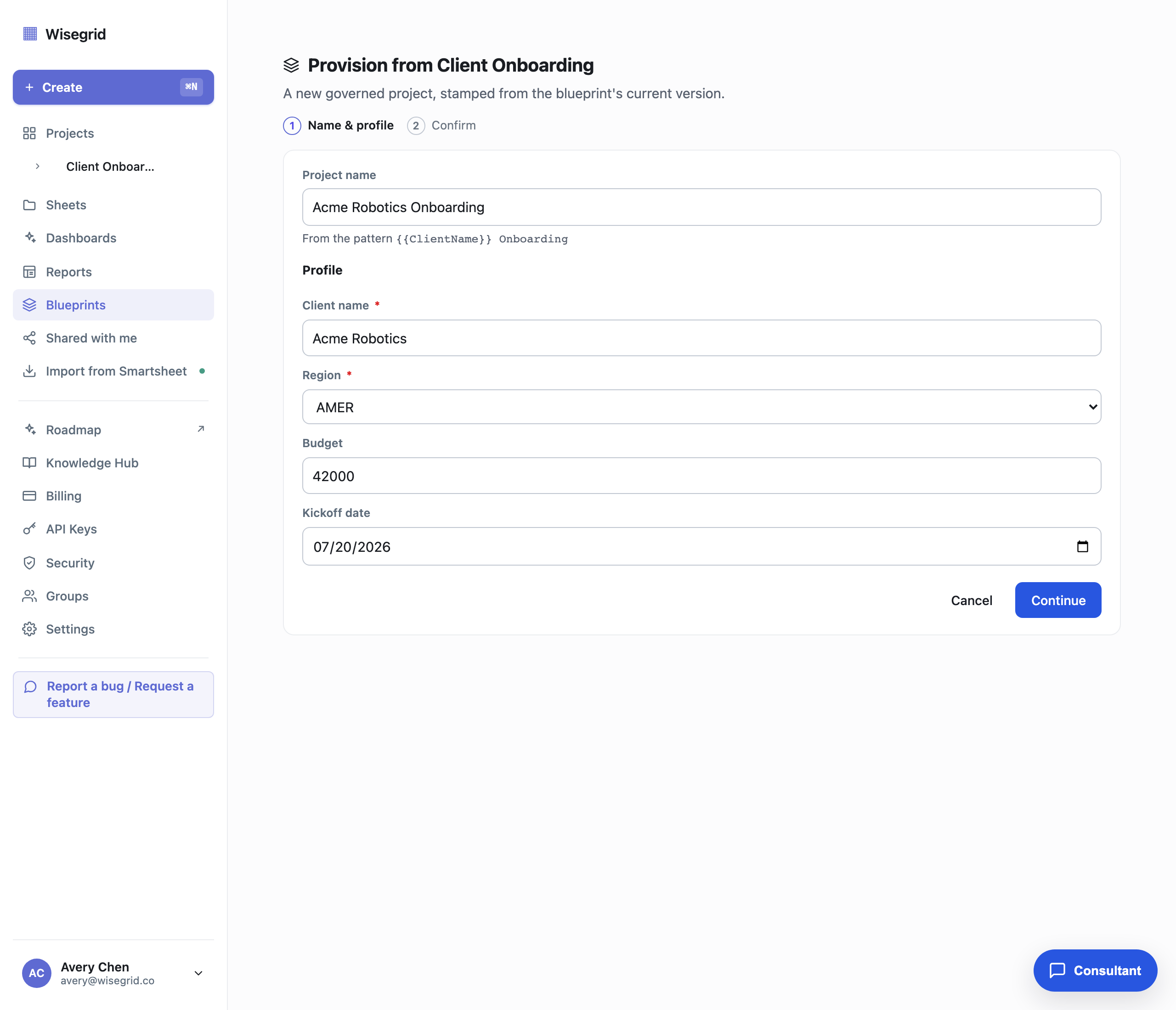 The provision wizard with the project name resolved live from the naming pattern and typed profile inputs for client name, region, budget, and kickoff date.