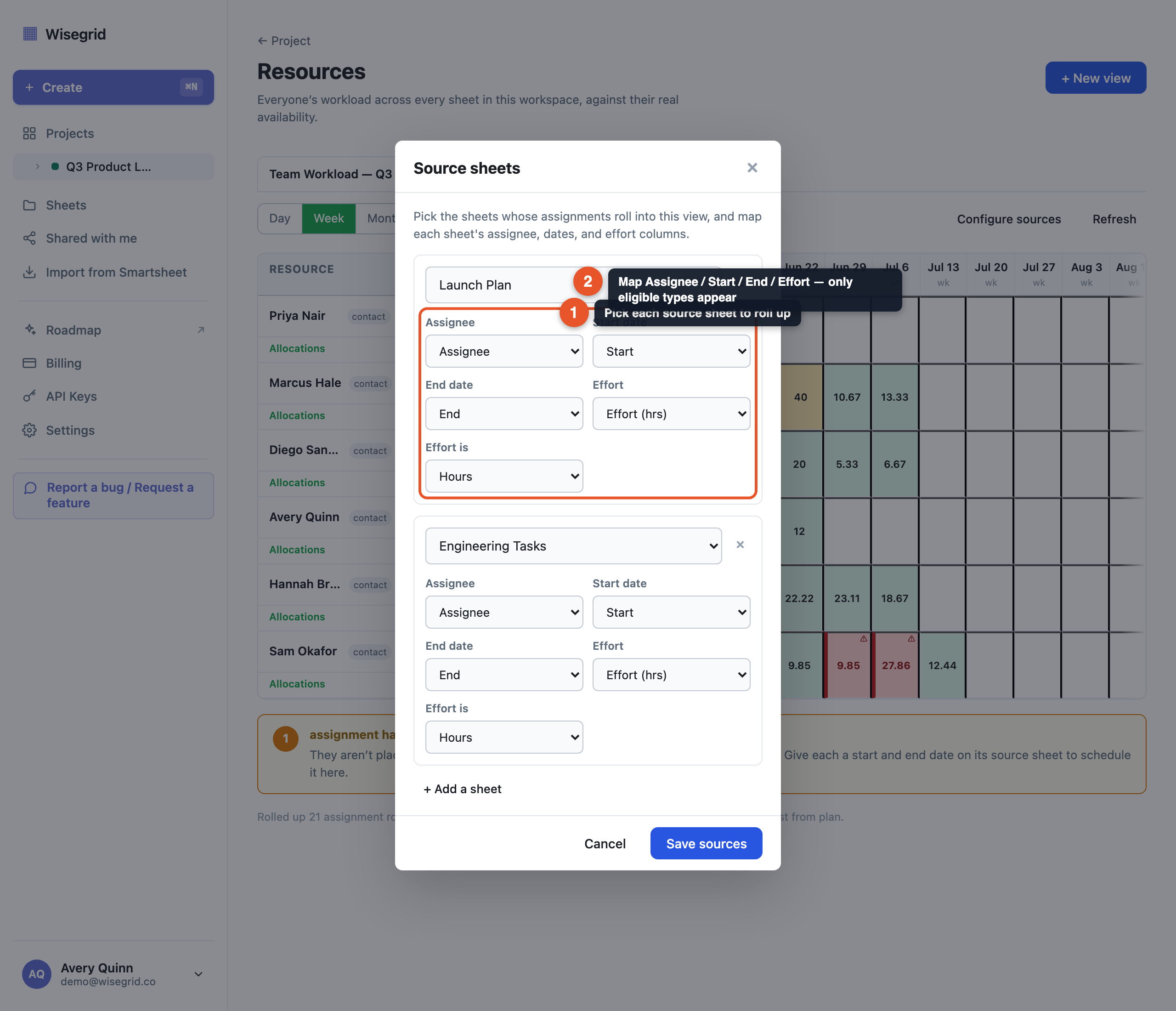 The Configure sources modal mapping each sheet's Assignee, Start, End and Effort columns, with only eligible column types offered in each dropdown.