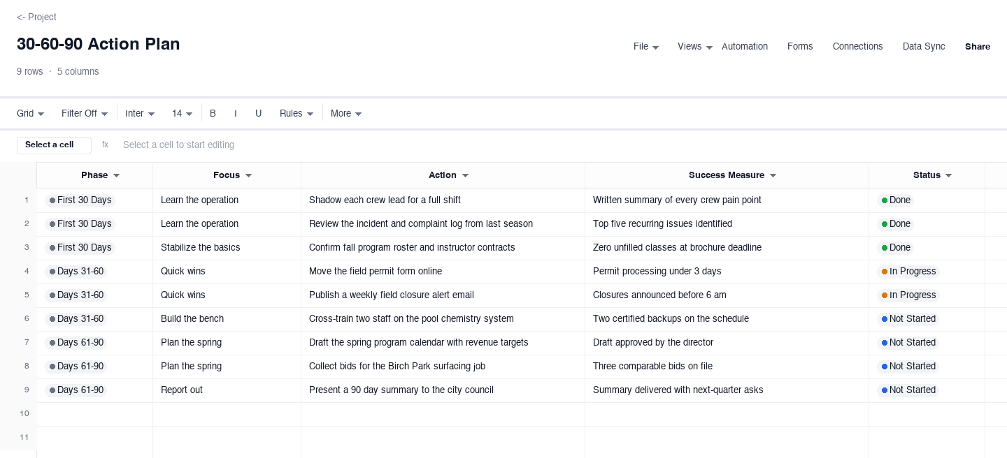 30-60-90 Action Plan: action plan template screenshot