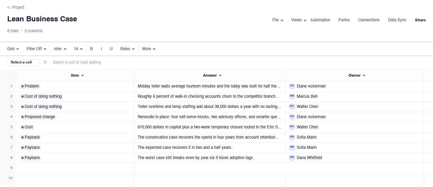 Lean Business Case: business case template screenshot