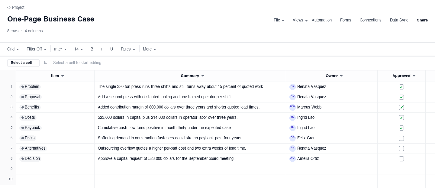 One-Page Business Case: business case template screenshot
