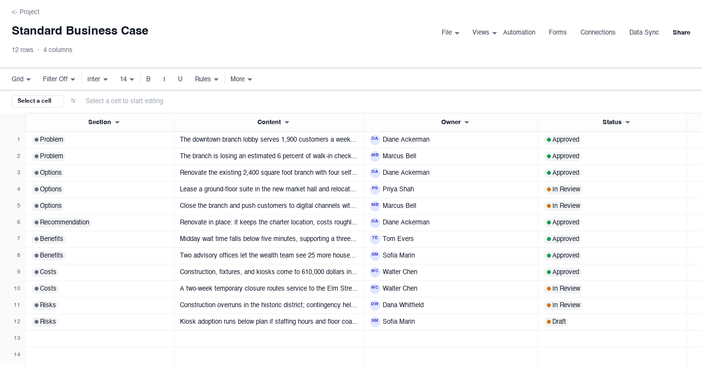 Standard Business Case: business case template screenshot