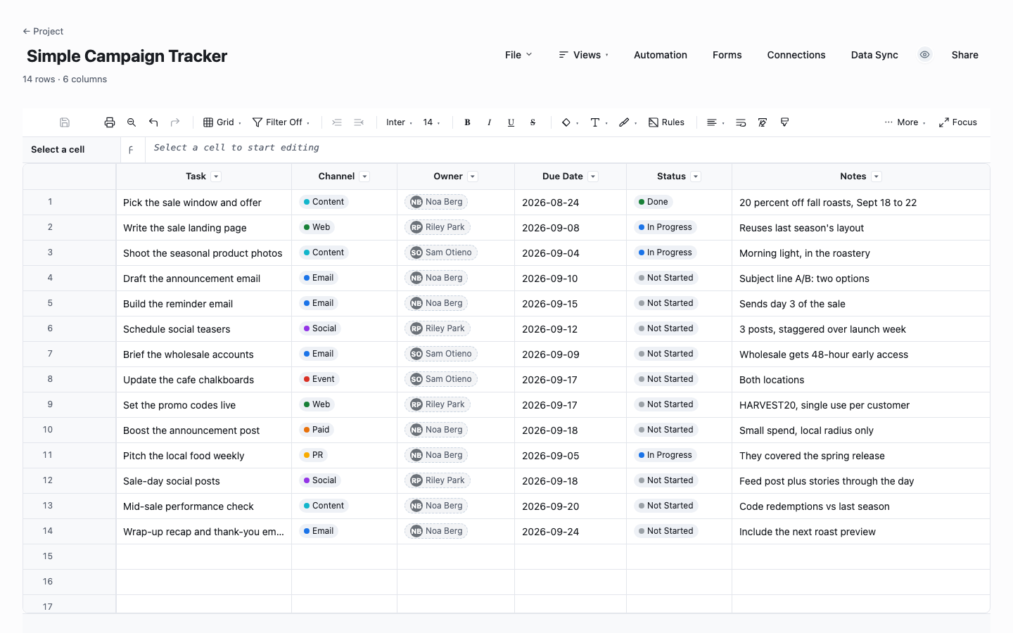 Simple Campaign Tracker: campaign launch tracker template screenshot