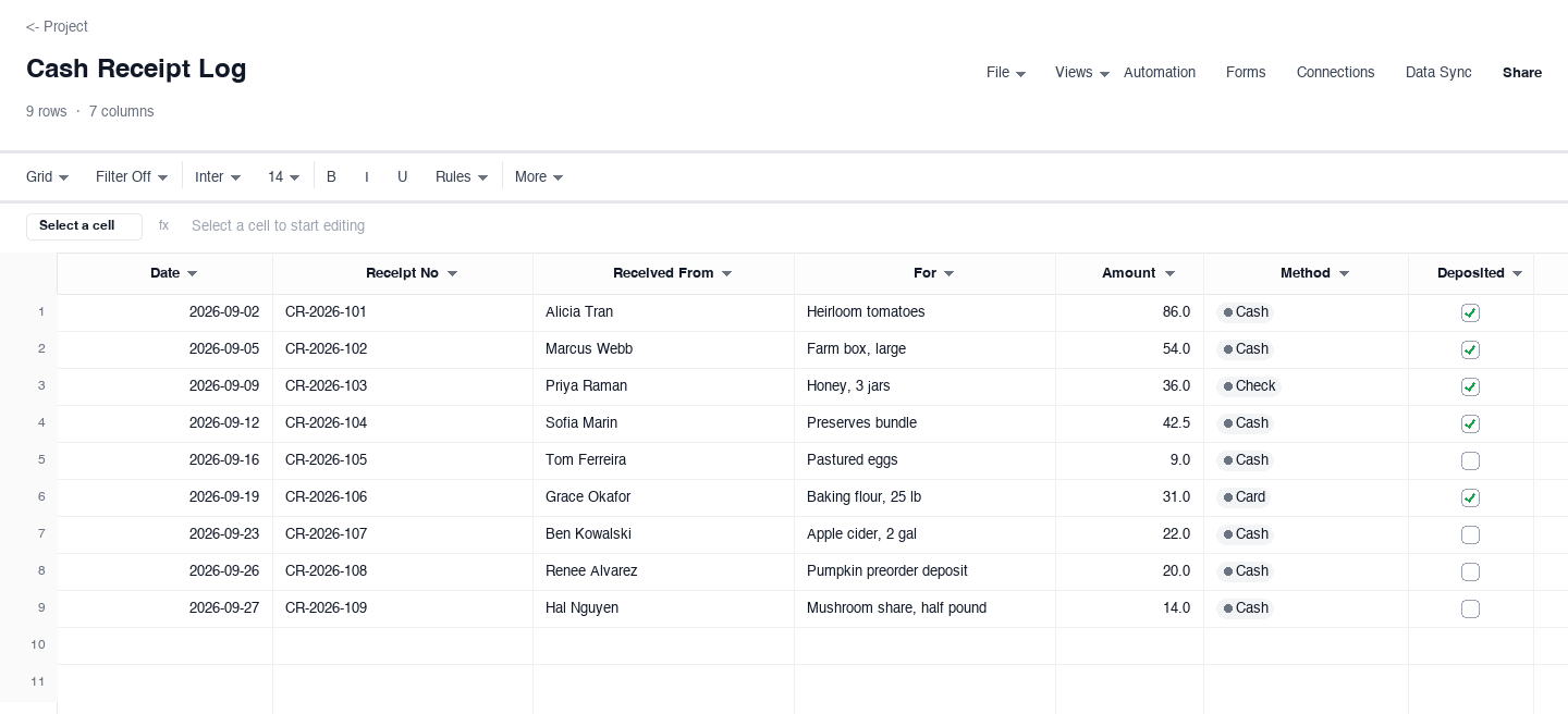 Cash Receipt Log: cash receipt template screenshot