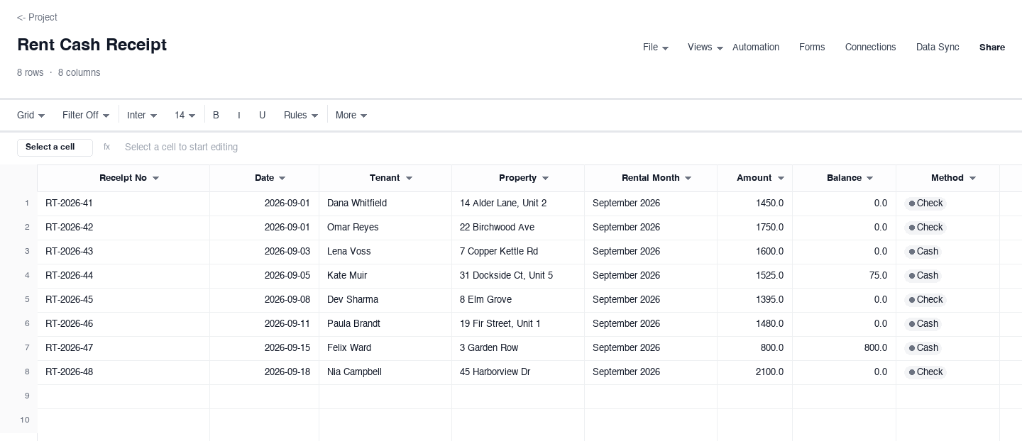 Rent Cash Receipt: cash receipt template screenshot