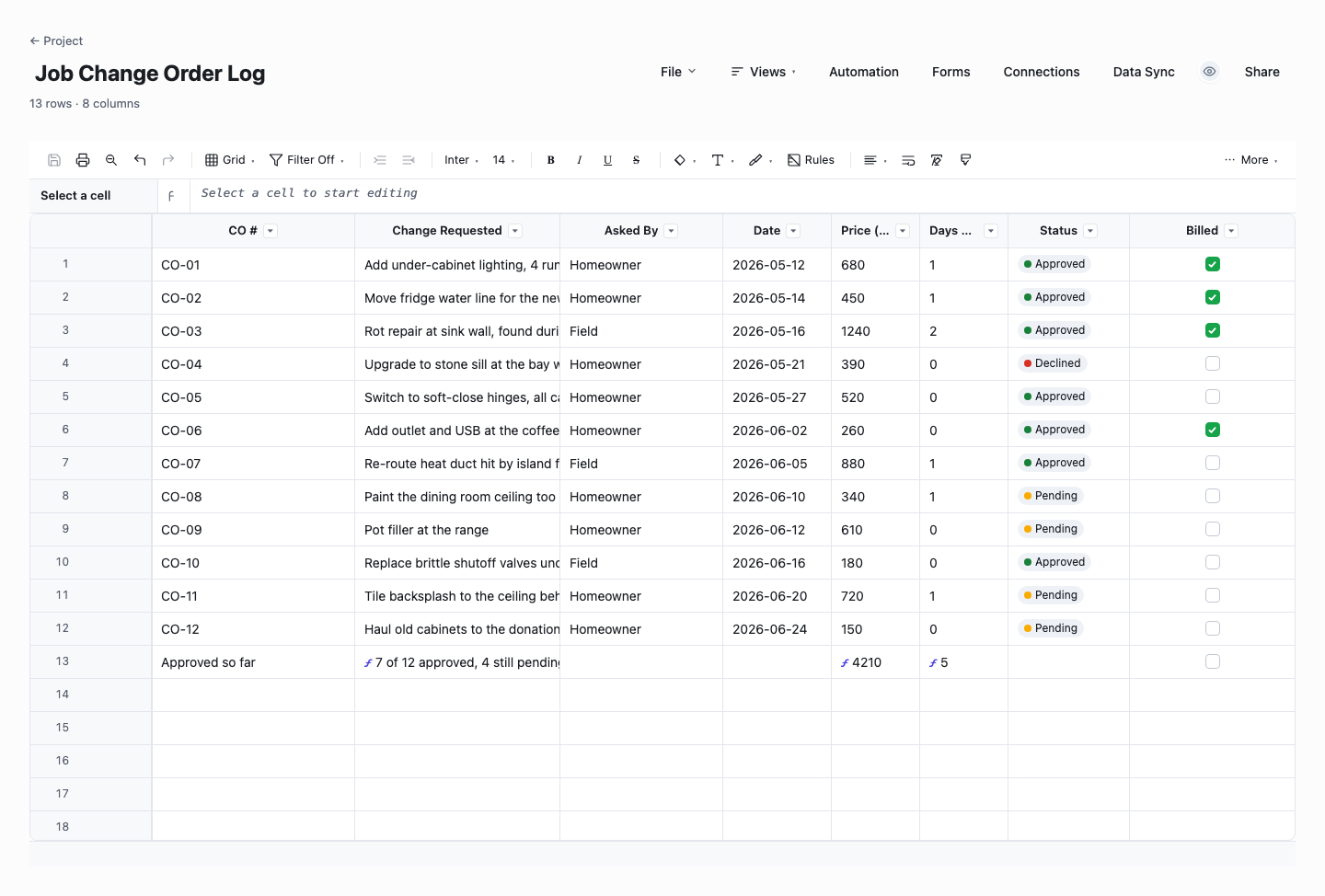 Job Change Order Log: change order log template screenshot