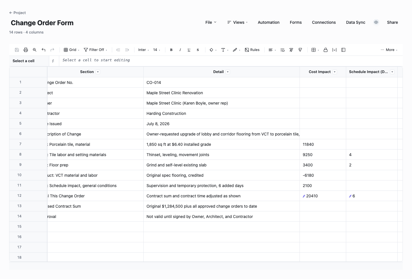 Change Order Form: change order template screenshot