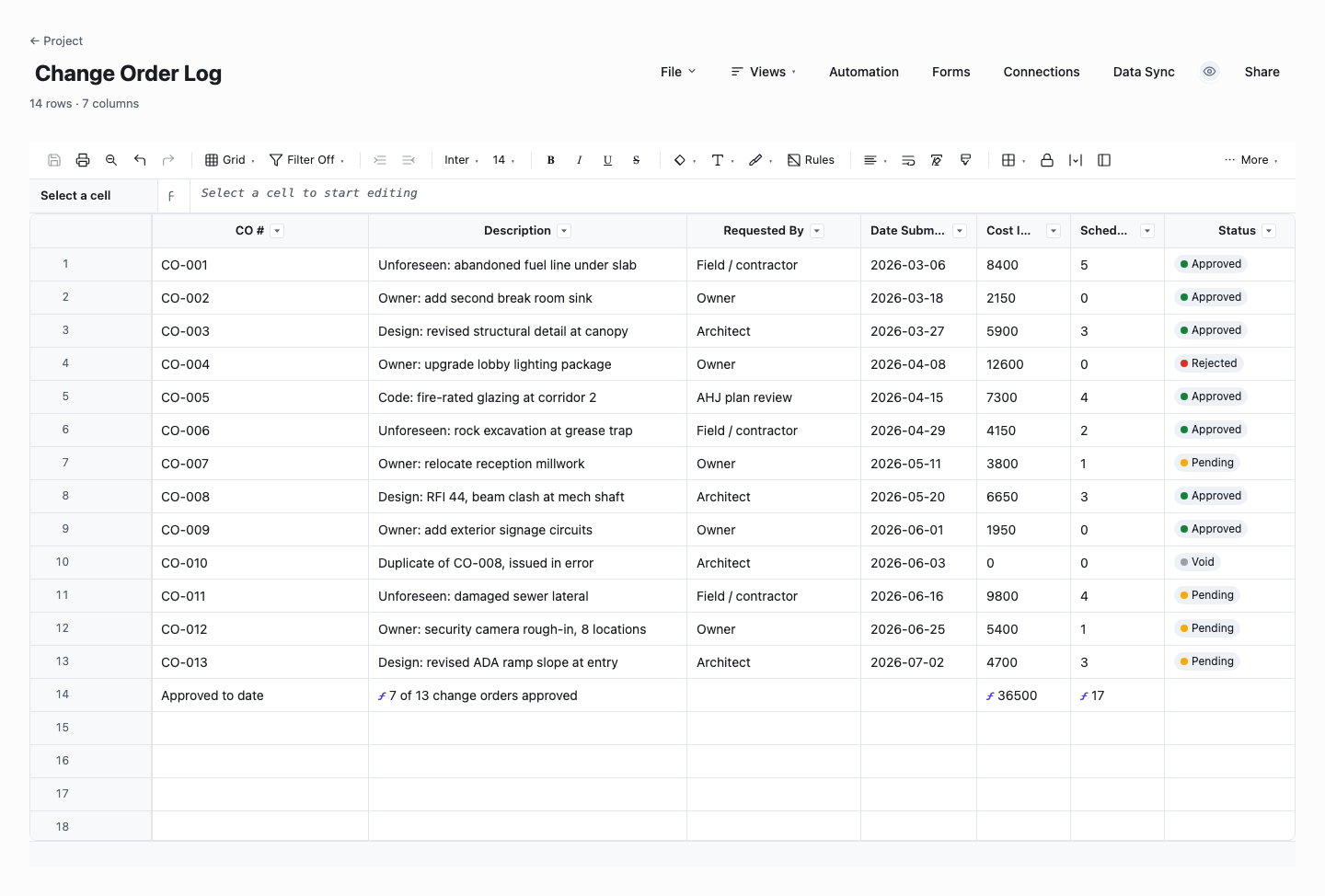 Change Order Log: change order template screenshot