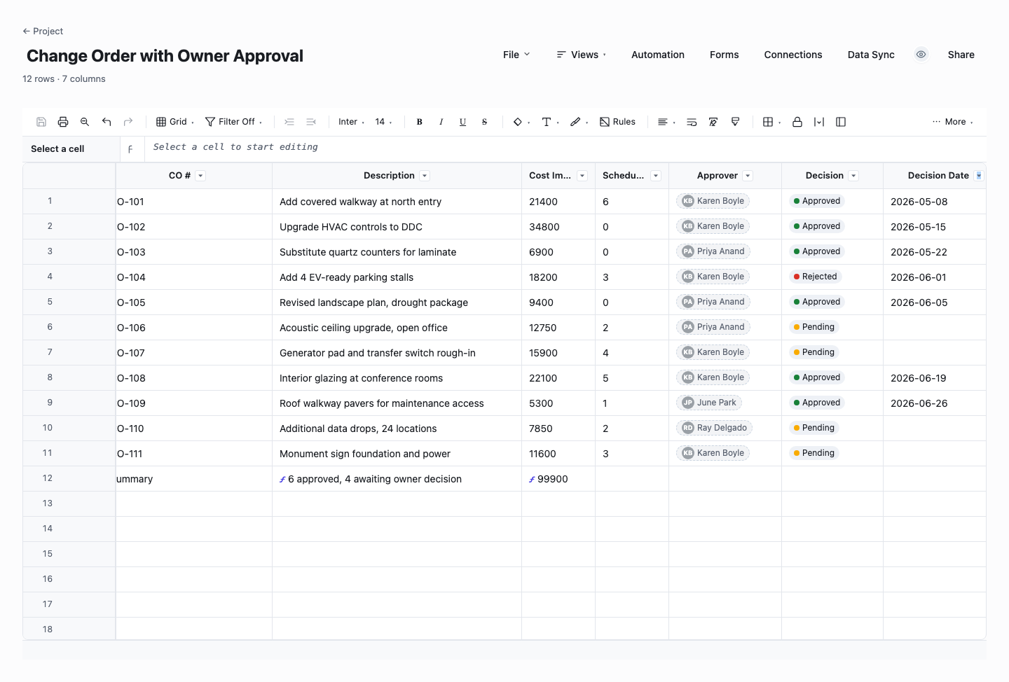 Change Order with Owner Approval: change order template screenshot