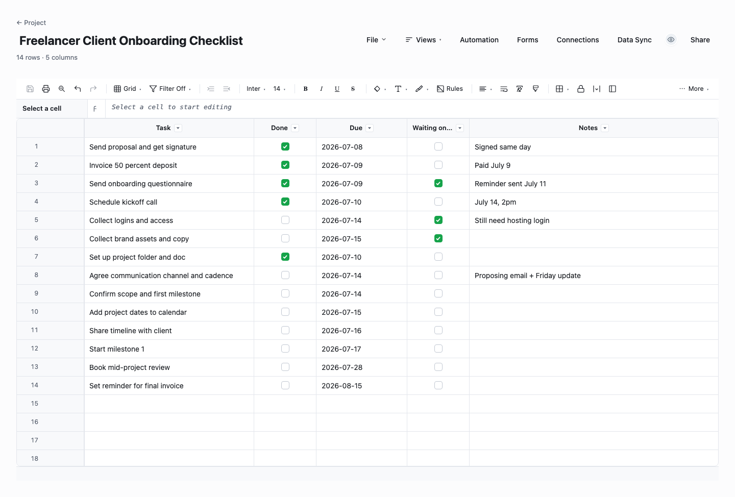 Freelancer Client Onboarding Checklist: client onboarding checklist template screenshot