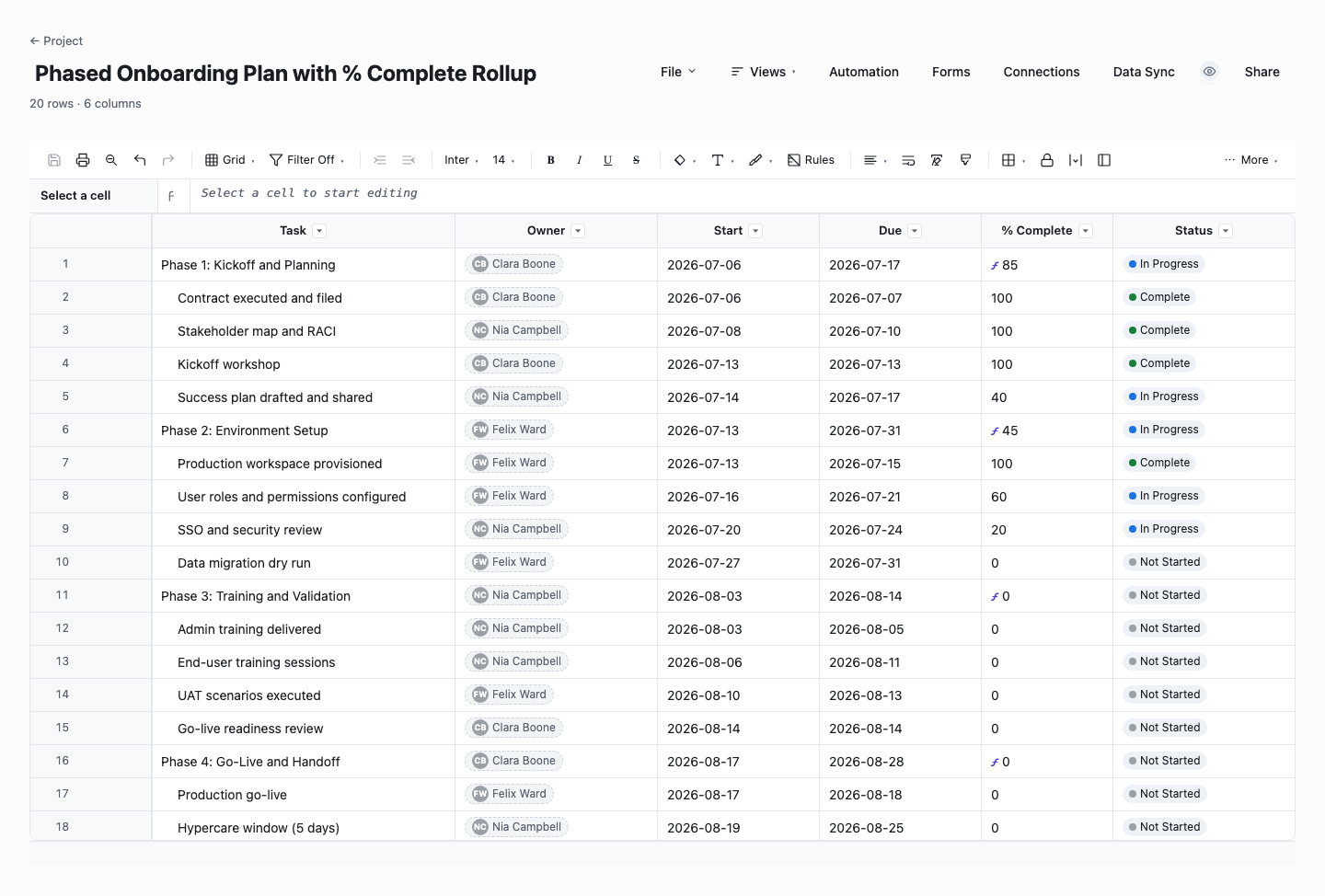 Phased Onboarding Plan with % Complete Rollup: client onboarding checklist template screenshot