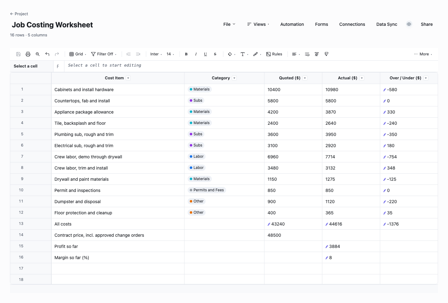 Job Costing Worksheet: job costing template screenshot