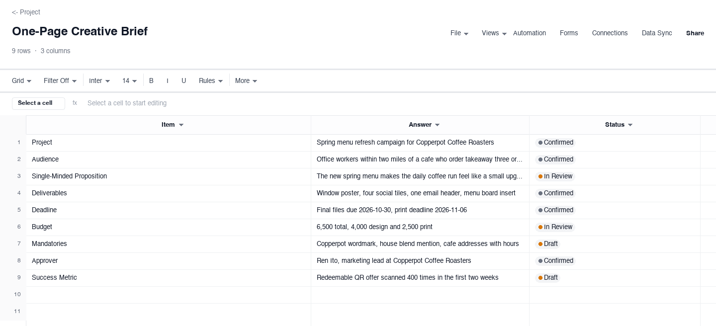 One-Page Creative Brief: creative brief template screenshot
