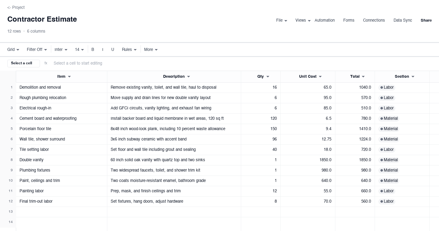Contractor Estimate: estimate template screenshot