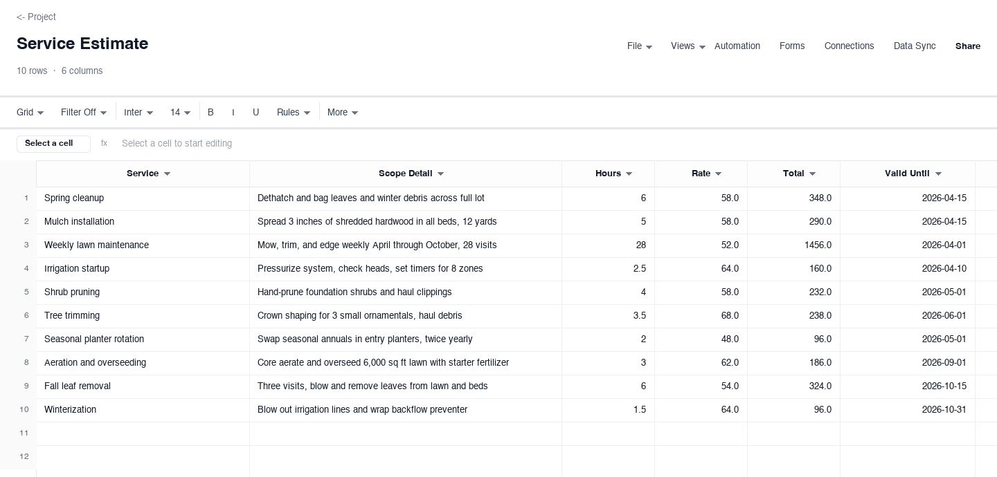 Service Estimate: estimate template screenshot