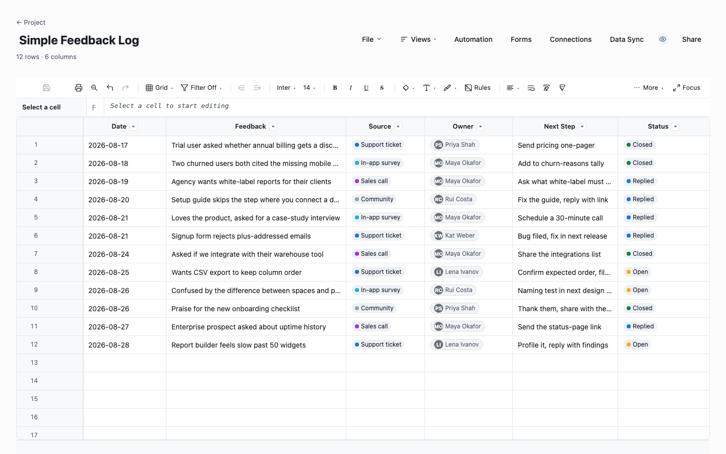 Simple Feedback Log: feedback triage tracker template screenshot