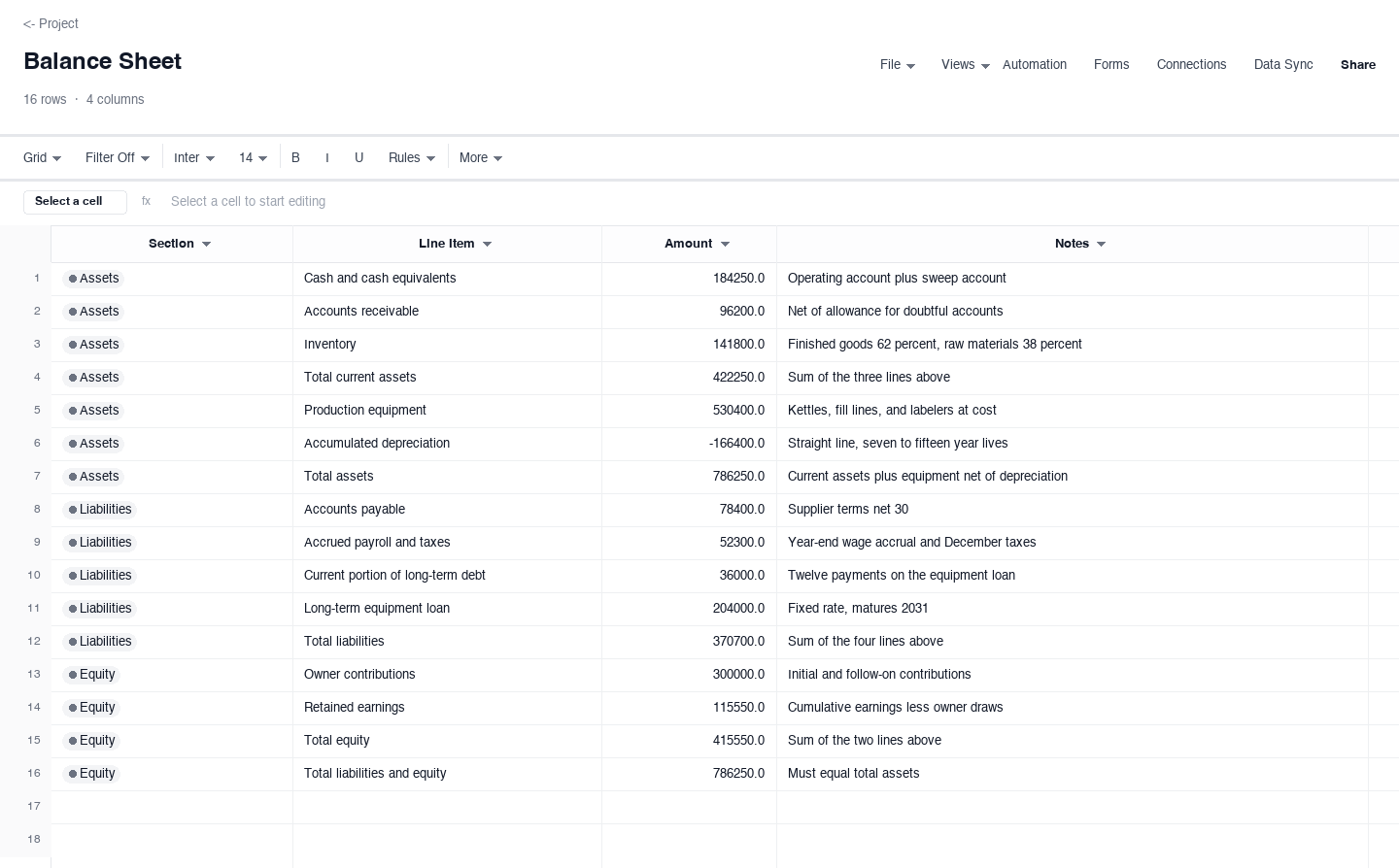 Balance Sheet: financial statement template screenshot
