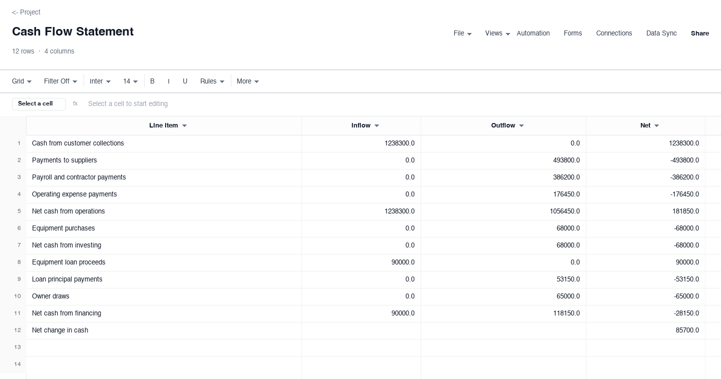 Cash Flow Statement: financial statement template screenshot