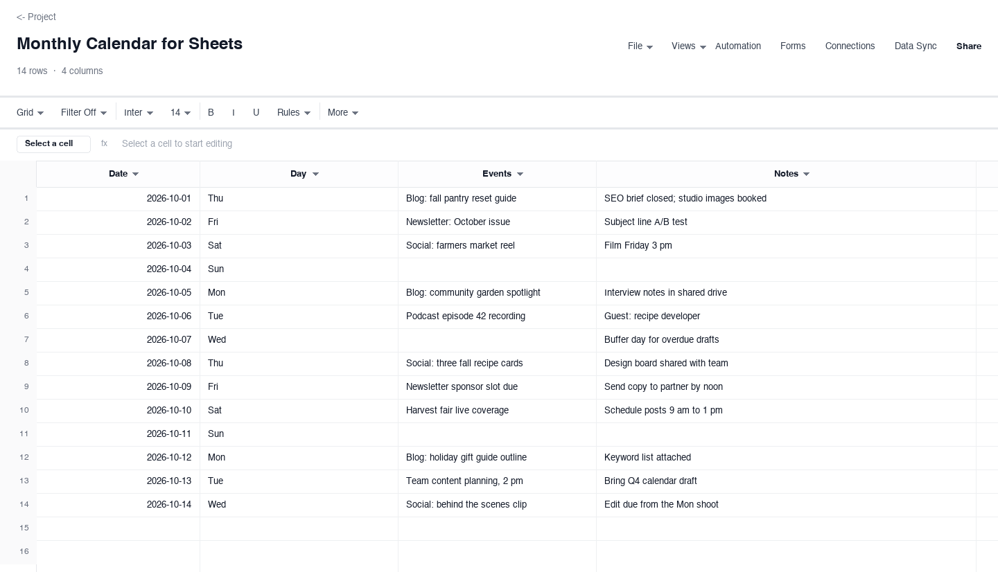 Monthly Calendar for Sheets: sheets calendar template screenshot