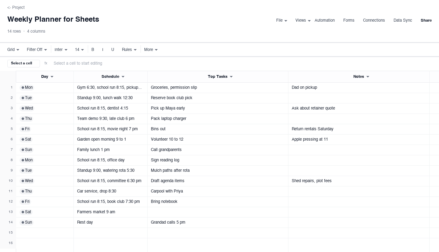 Weekly Planner for Sheets: sheets calendar template screenshot