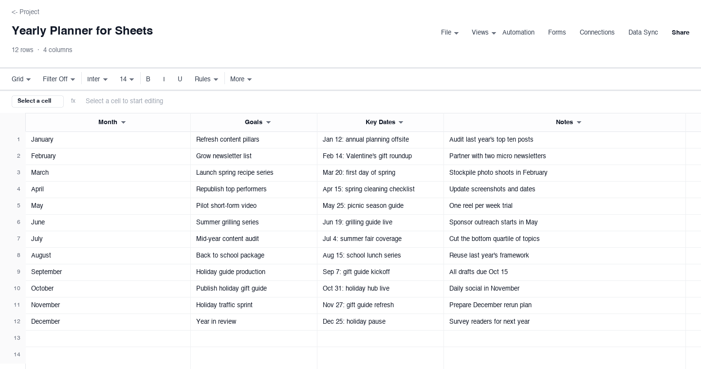 Yearly Planner for Sheets: sheets calendar template screenshot