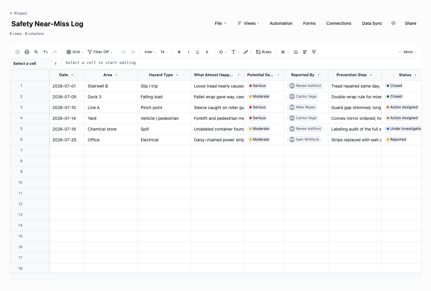 Safety Near-Miss Log: incident report template screenshot