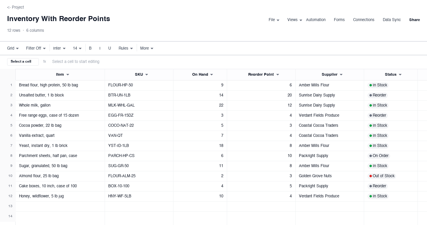 Inventory With Reorder Points: inventory template screenshot