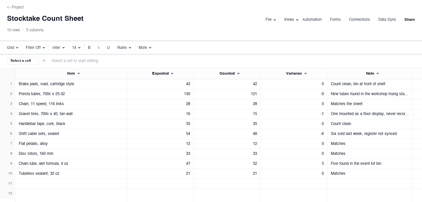 Stocktake Count Sheet: inventory template screenshot