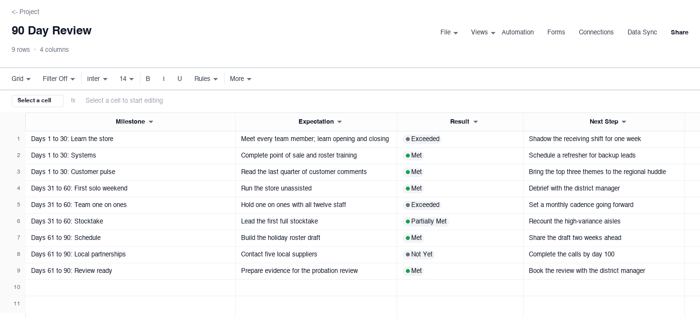 90 Day Review: performance review template screenshot