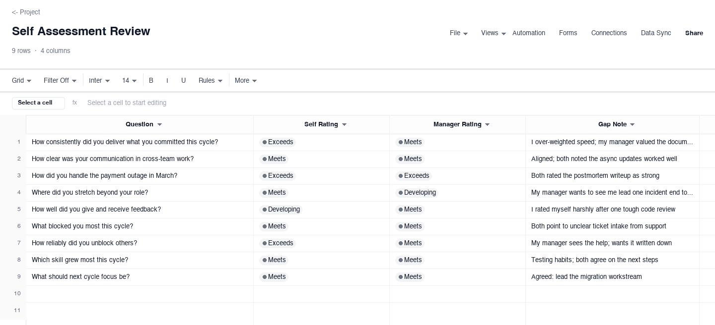 Self Assessment Review: performance review template screenshot
