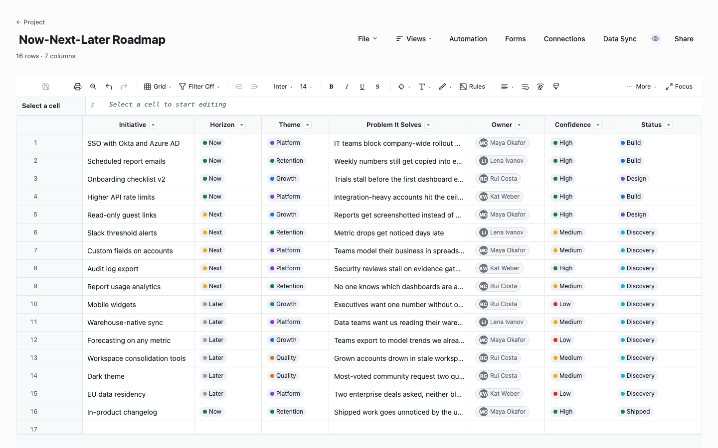 Now-Next-Later Roadmap: product roadmap tracker template screenshot