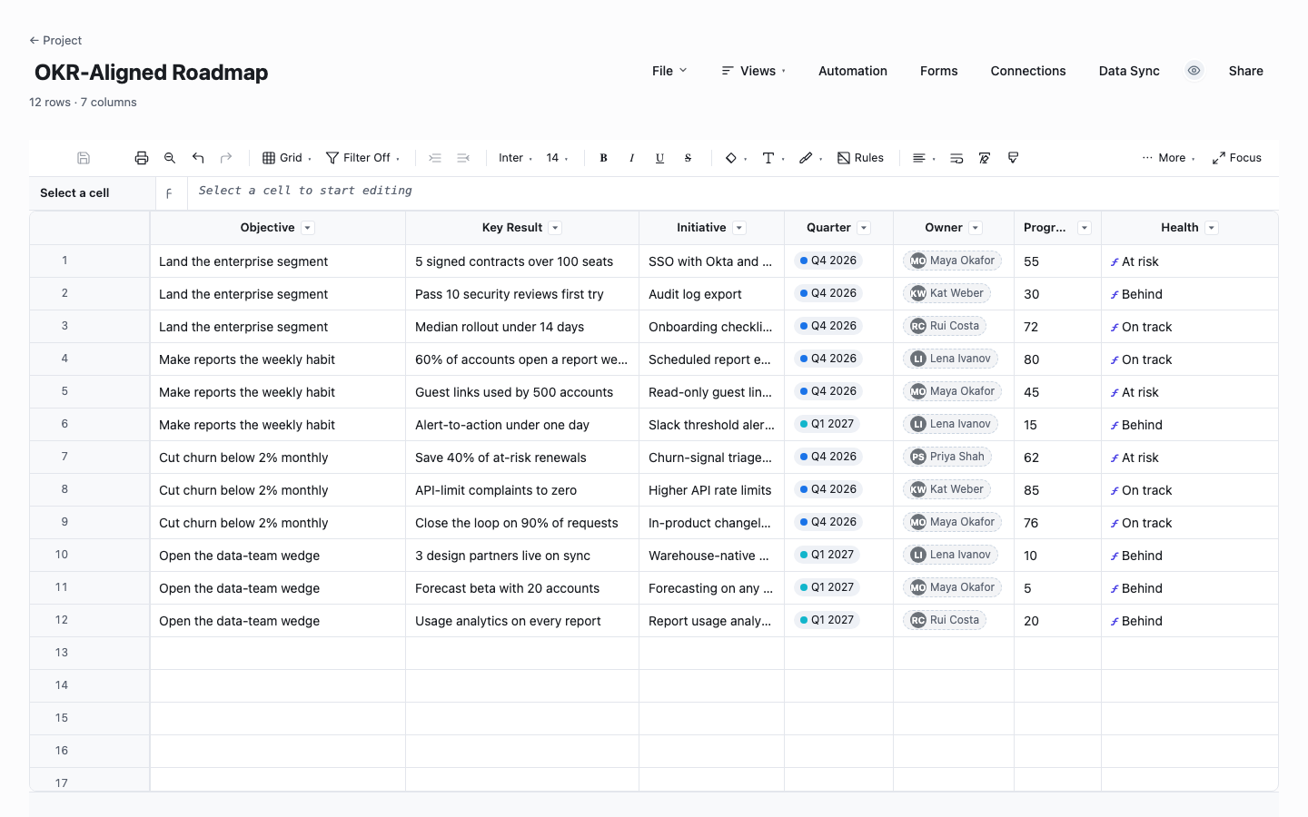 OKR-Aligned Roadmap: product roadmap tracker template screenshot