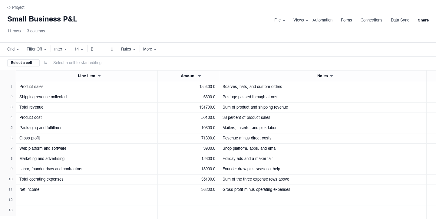 Small Business P&L: profit and loss statement template screenshot