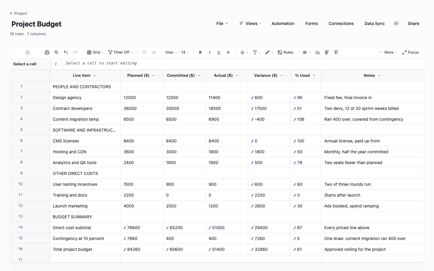 Project Budget: project budget template screenshot