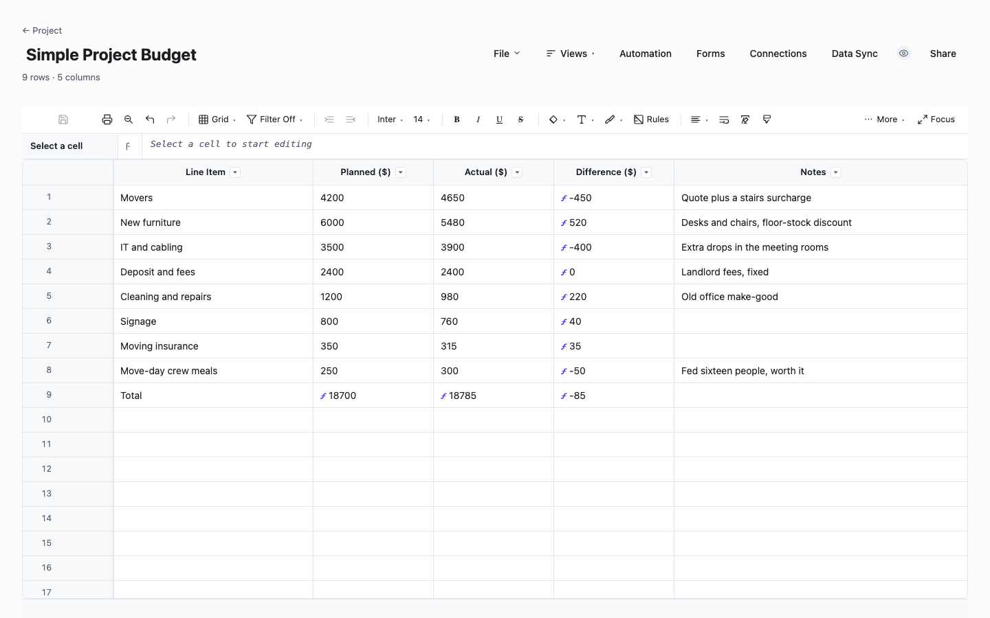 Simple Project Budget: project budget template screenshot