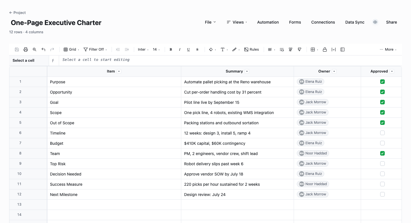 One-Page Executive Charter: project charter template screenshot