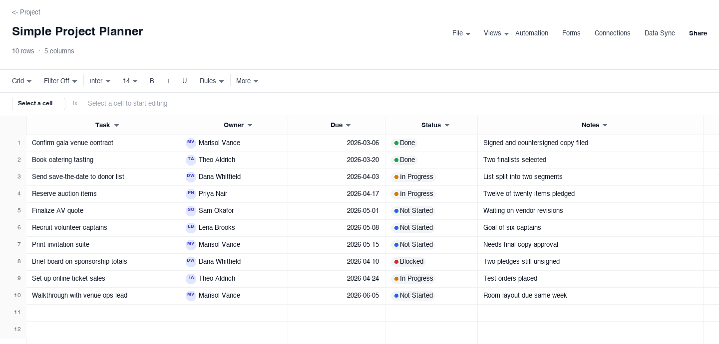 Simple Project Planner: project planner template screenshot