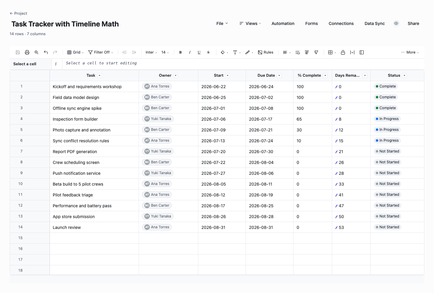 Task Tracker with Timeline Math: excel project tracker template screenshot
