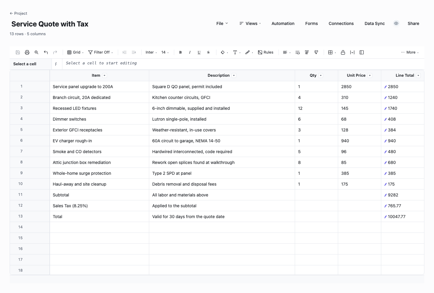 Service Quote with Tax: quote template screenshot